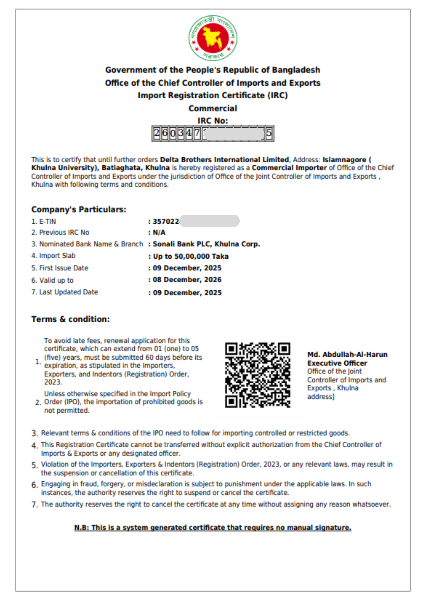 Import Registration Certificate (IRC)