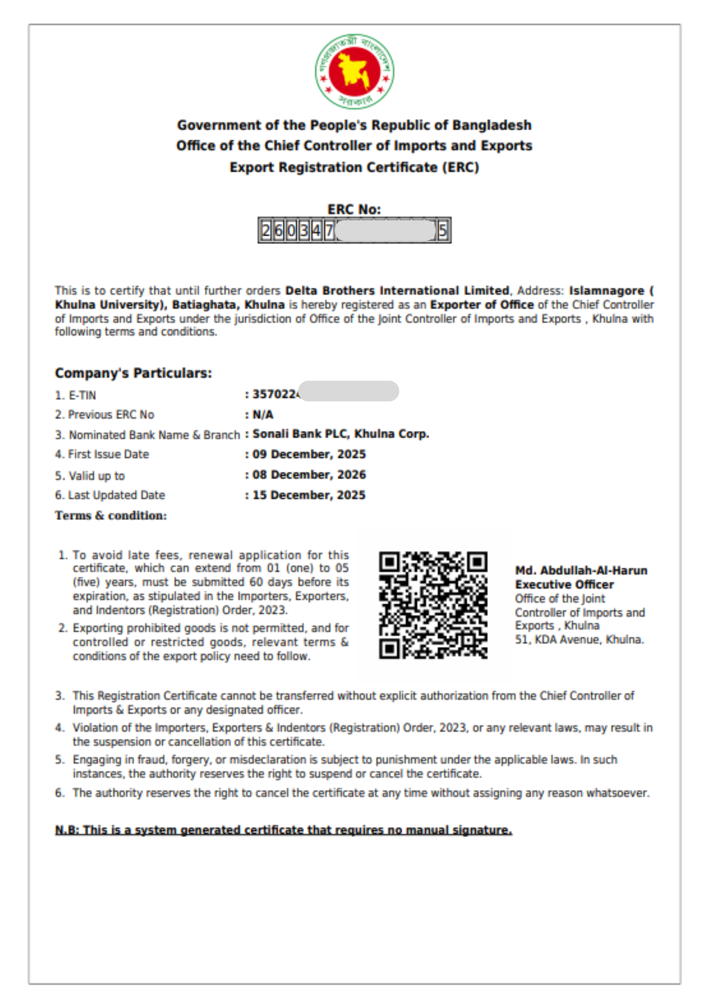 Export Registration Certificate (ERC)