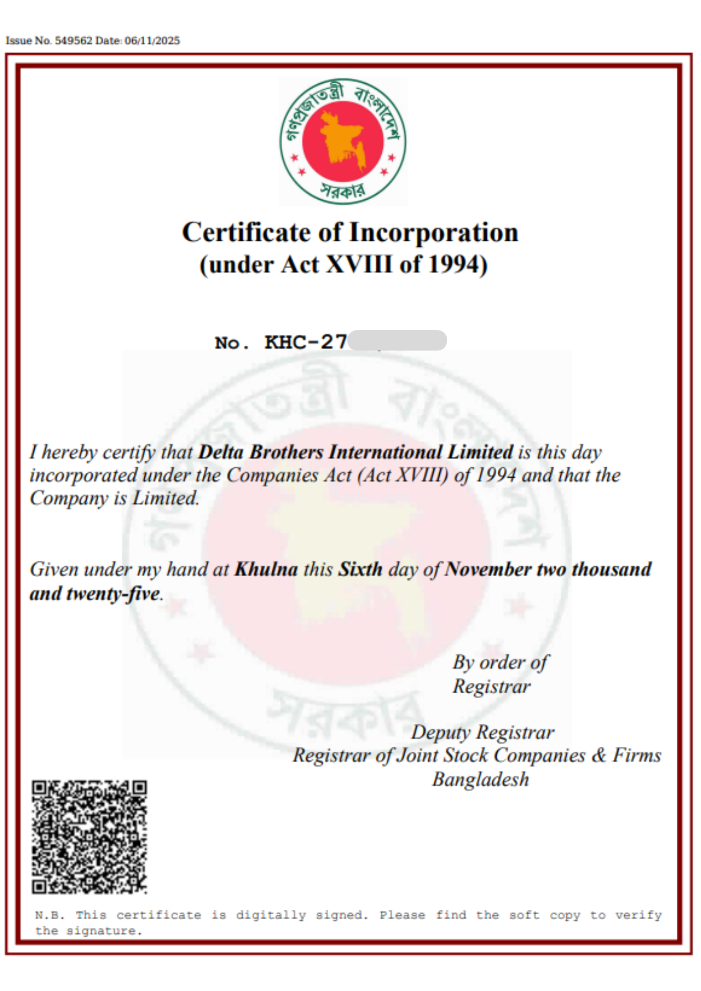Company Incorporation Certificate